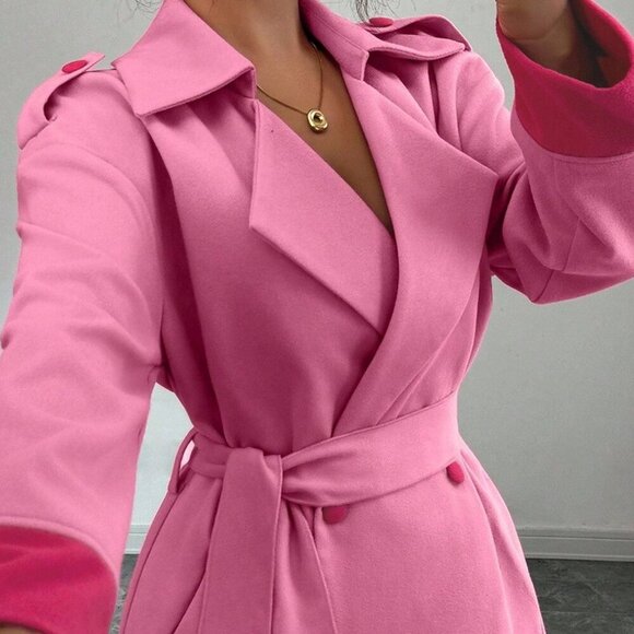 Pink Chic Women's Double breasted Midi trench Overcoat - Picture 7 of 8